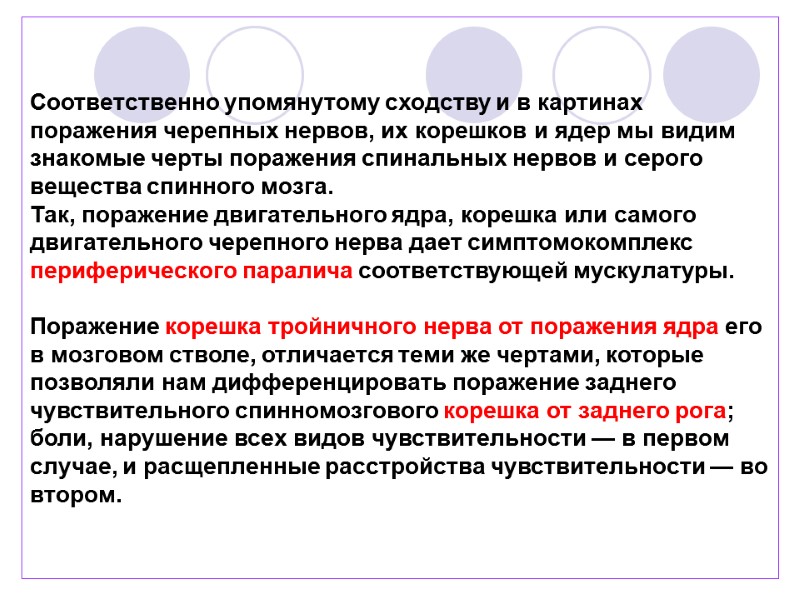 Соответственно упомянутому сходству и в картинах поражения черепных нервов, их корешков и ядер мы